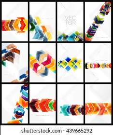 Conjunto de fondos abstractos coloridos. Colección de folletos vectores, volantes de Internet, tapicería o carteles de portada. Estilo geométrico, formas de flecha brillante realistas y coloridas, plantillas en blanco