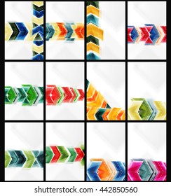 Conjunto de fondos abstractos coloridos. Colección de folletos vectores, volantes de Internet, tapicería o carteles de portada. Estilo geométrico, formas de flecha brillante realistas y coloridas, plantillas en blanco