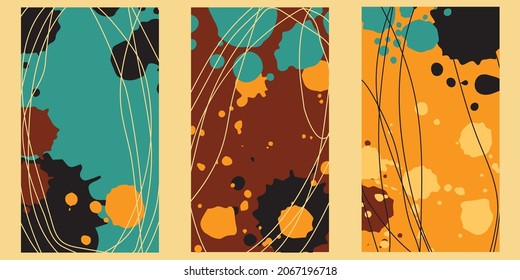 set of abstract colorful backgrounds, posters, templates for stories. random spots, drops,
hand-drawn doodles, lines, curves. modern fashionable vector illustration. EPS 10.
