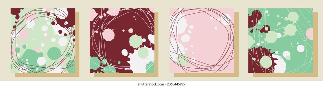conjunto de fondo colorido abstracto, afiches, plantillas. manchas al azar, gotas, manchas, garrapatas dibujadas a mano, líneas en los colores de postre, helado, malvaviscos. ilustración vectorial moderna. 