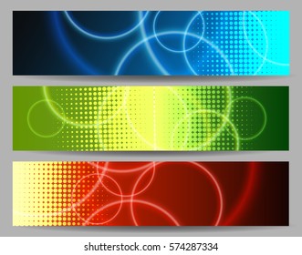 Set of abstract colorful banners with circles and half tone pattern. Vector illustration.