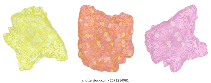 Set of abstract colorful blobs with fine lines and dots - hand drawn vector illustration.