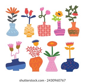 Set of abstract colorful bright flower art set collection, drawing vintage decorative flower childish cartoon with folklore style, potted plant and floral decoration florist vector illustration.