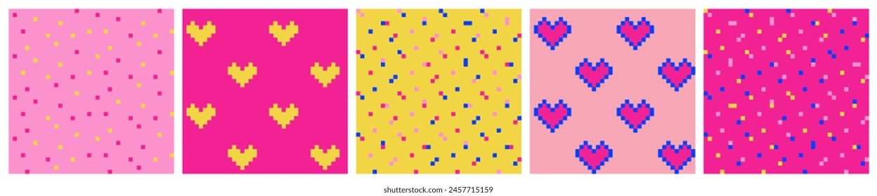 Set of abstract colorful bright seamless patterns from pixels, 8-bit