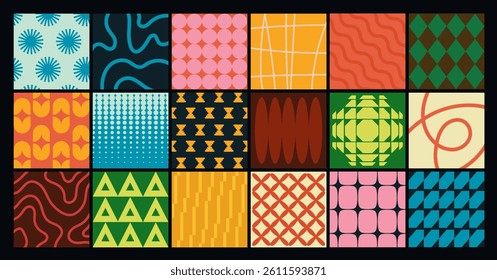 Set of abstract colorful cards. Bright posters or seamless patterns with creative geometric shapes and lines. Design elements for covers. Flat vector illustration collection isolated on background