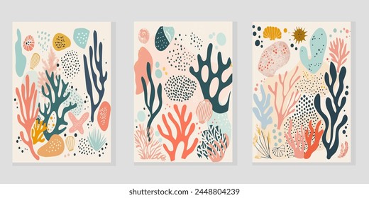 Conjunto de fondo de cubierta colorido abstracto. Colección de plantas, rama de hoja, coral, algas en estilo dibujado a mano. Diseño ilustrado estético contemporáneo para arte de pared, decoración, Fondo de pantalla, impresión.