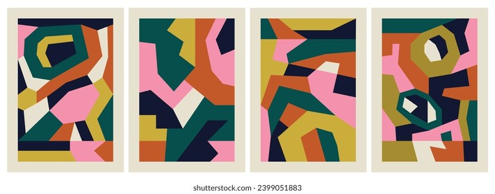 Set of abstract colorful decorative posters with cut-out shapes