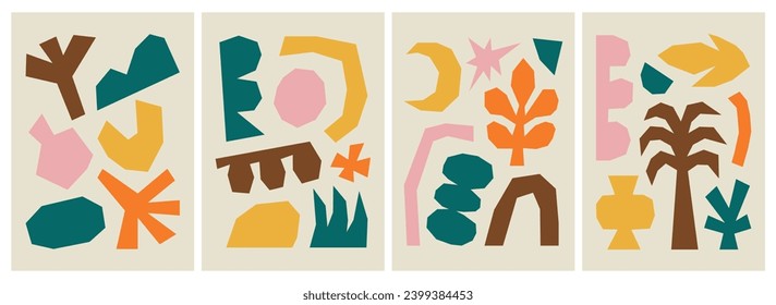 Set of abstract colorful decorative posters with cut-out shapes