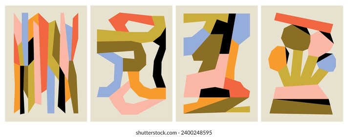 Set of abstract colorful decorative posters with cut-out shapes