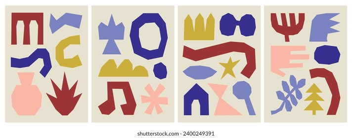 Set of abstract colorful decorative posters with cut-out shapes