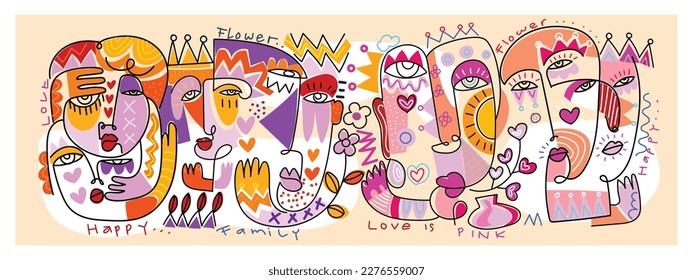 Set von abstrakter bunter Gesichtsprospektlinie, Formen und doodles handgezeichnete Vektorgrafik.