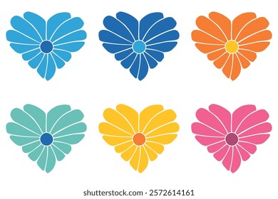 Set of abstract colorful flower heart elements. Romantic vector illustration design. isolated