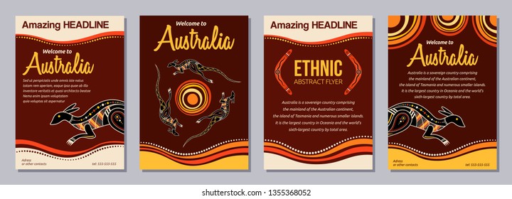 Set of abstract colorful flyers, posters, banners, placards, brochure design templates A6 size. Ethnic style brochure templates. Aboriginal style. Australian style. Vector color illustrations.