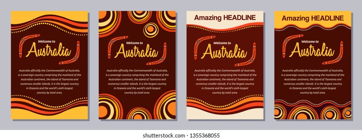 Set of abstract colorful flyers, posters, banners, placards, brochure design templates A6 size. Ethnic style brochure templates. Aboriginal style. Australian style. Vector color illustrations.