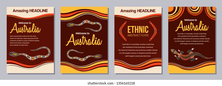 Set of abstract colorful flyers, posters, banners, placards, brochure design templates A6 size. Ethnic style brochure templates. Aboriginal style. Australian style. Vector color illustrations.