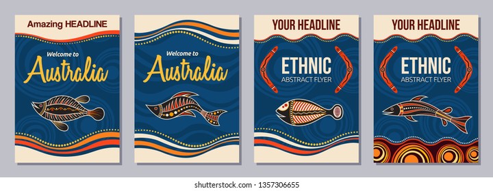 Set of abstract colorful flyers, posters, banners, placards, brochure design templates A6 size. Ethnic style brochure templates. Aboriginal style. Australian style. Vector color illustrations.