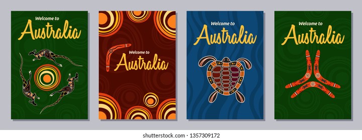 Set of abstract colorful flyers, posters, banners, placards, brochure design templates A6 size. Ethnic style brochure templates. Aboriginal style. Australian style. Vector color illustrations.