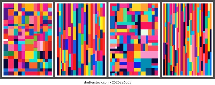 Set of abstract colorful geometric patterns with randomly stacked rainbow rectangles. Trendy artistic block design with colorful chaotic squares for banner, poster, flyer or cover. Vector illustration