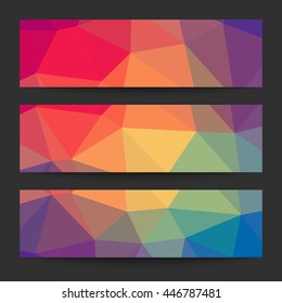 Set of abstract colorful geometric polygonal banners on black background.  Vector banners template. 