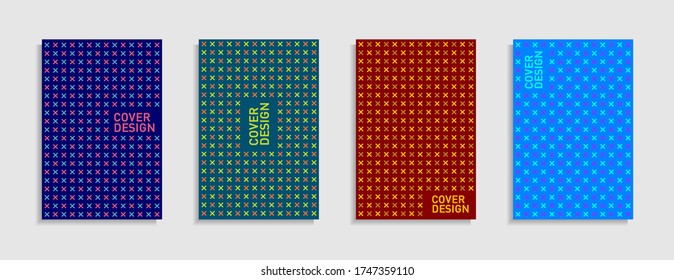 Set of Abstract colorful geometric seamless pattern with crosses on background. Minimal design. Vector patterns. Template brochures, flyers, presentations, leaflet, magazine a4 size, 