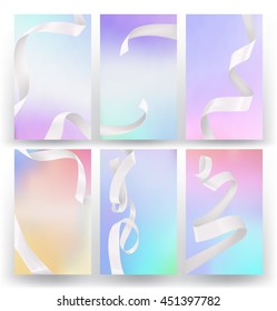Set of abstract colorful holographic backgrounds with silk white ribbons