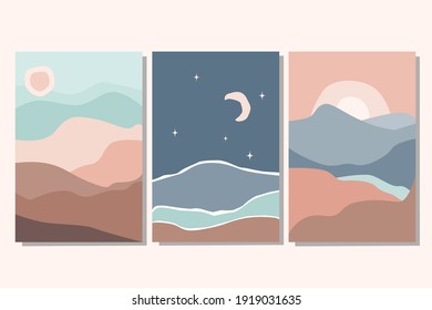 Set of abstract colorful landscape poster collection with sun, moon, star, sea, mountains, river. Vector flat illustration. Contemporary art print templates,  backgrounds for social media. 
