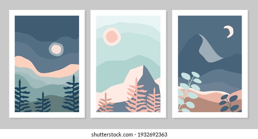 Set of abstract colorful landscape poster collection with sun, moon, sea, mountains, river, plant. Vector flat illustration. Contemporary art print templates,  backgrounds for social media. 
