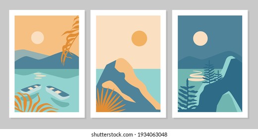 Set of abstract colorful landscape poster with sun, moon, star, sea, mountains, river, palm. Vector flat illustration. Contemporary art print templates, backgrounds for social media. 