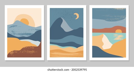 Set of abstract colorful landscape poster with sun, moon, sea, mountains, river. Vector flat illustration. Contemporary art print templates, backgrounds for social media. 