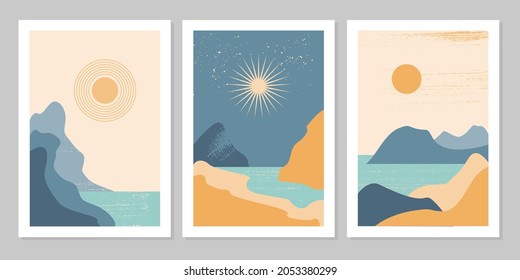 Set of abstract colorful landscape poster with sun, moon, star, sea, mountains, river. Vector flat illustration. Contemporary art print templates, backgrounds for social media. 