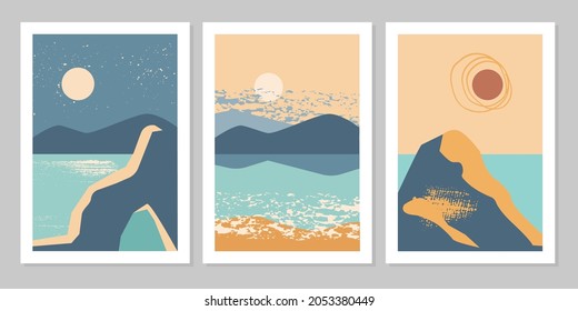 Set of abstract colorful landscape poster with sun, moon, star, sea, mountains, river. Vector flat illustration. Contemporary art print templates, backgrounds for social media. 