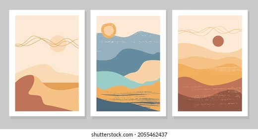 Set of abstract colorful landscape poster with sun, moon, sea, mountains, river. Vector flat illustration. Contemporary art print templates, backgrounds for social media. 