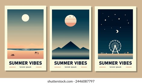 A set of abstract colorful landscape summer posters with the sun, stars, sea, mountains, river, observation wheel. Vector flat illustration, Templates for printing in the style of modern art