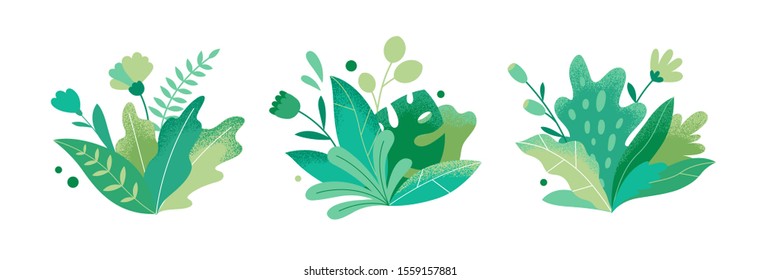 Set of abstract colorful leaves and flowers. Vector isolated elements on a white background. Tropical flat design with particle texture. Botanical illustration.