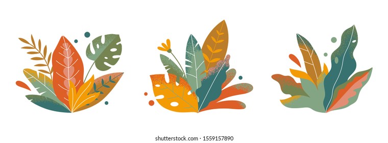 Set of abstract colorful leaves and flowers. Vector isolated elements on a white background. Tropical flat design with particle texture. Botanical illustration.