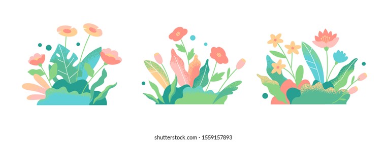 Set of abstract colorful leaves and flowers. Vector isolated elements on a white background. Tropical flat design with particle texture. Botanical illustration.