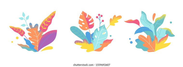 Set of abstract colorful leaves and flowers. Vector isolated elements on a white background. Tropical flat design with particle texture. Botanical illustration.