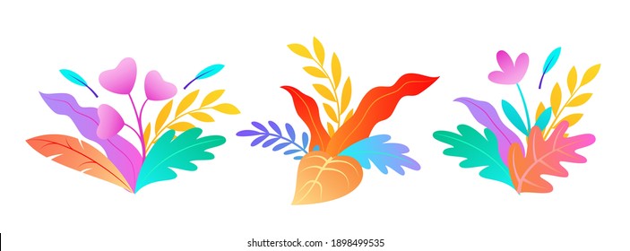 Set of abstract colorful leaves on white background. Vector elements for your design. Botanical illustration.