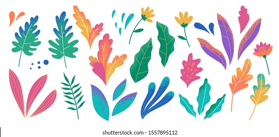 Set of abstract colorful leaves. Vector isolated elements on a white background. Tropical flat design with particle texture. Botanical illustration.