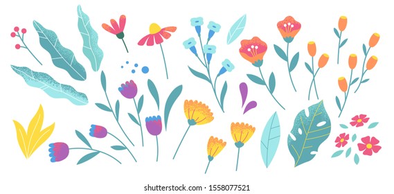 Set of abstract colorful leaves. Vector isolated elements on a white background. Tropical flat design with particle texture. Botanical illustration.