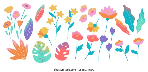 Set of abstract colorful leaves. Vector isolated elements on a white background. Tropical flat design with particle texture. Botanical illustration.