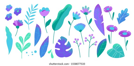 Set of abstract colorful leaves. Vector isolated elements on a white background. Tropical flat design with particle texture. Botanical illustration.