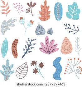 Set of abstract colorful leaves. Vector isolated elements on a white background. Tropical flat design with particle texture. Botanical illustration.
