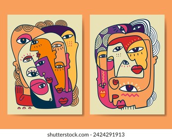 Set of abstract colorful male and female face portrait geometric, doodle hand drawn vector illustration. Creative graphic with textured and shapes flat wall art, poster, cover, art print design.