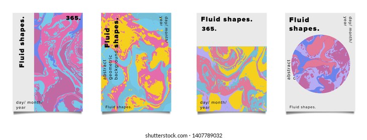 Set of abstract colorful minimal artistic neon vector posters with beautiful marbled texture. Collection of geometric craft covers made using Turkish Paper Marbling or Ebru Technique.