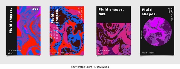 Set of abstract colorful minimal artistic neon vector posters with beautiful marbled texture. Collection of geometric craft covers made using Turkish Paper Marbling or Ebru Technique.