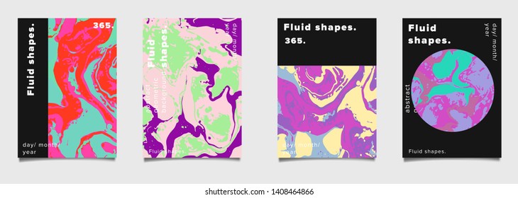 Set of abstract colorful minimal artistic neon vector posters with beautiful marbled texture. Collection of geometric craft covers made using Turkish Paper Marbling or Ebru Technique.