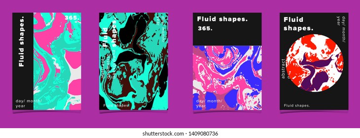 Set of abstract colorful minimal artistic neon vector posters with beautiful marbled texture. Collection of geometric craft covers made using Turkish Paper Marbling or Ebru Technique.