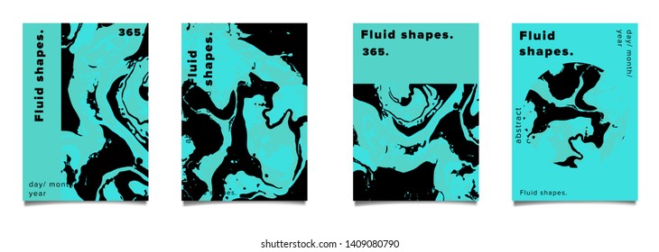 Set of abstract colorful minimal artistic neon vector posters with beautiful marbled texture. Collection of geometric craft covers made using Turkish Paper Marbling or Ebru Technique.