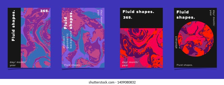 Set of abstract colorful minimal artistic neon vector posters with beautiful marbled texture. Collection of geometric craft covers made using Turkish Paper Marbling or Ebru Technique.